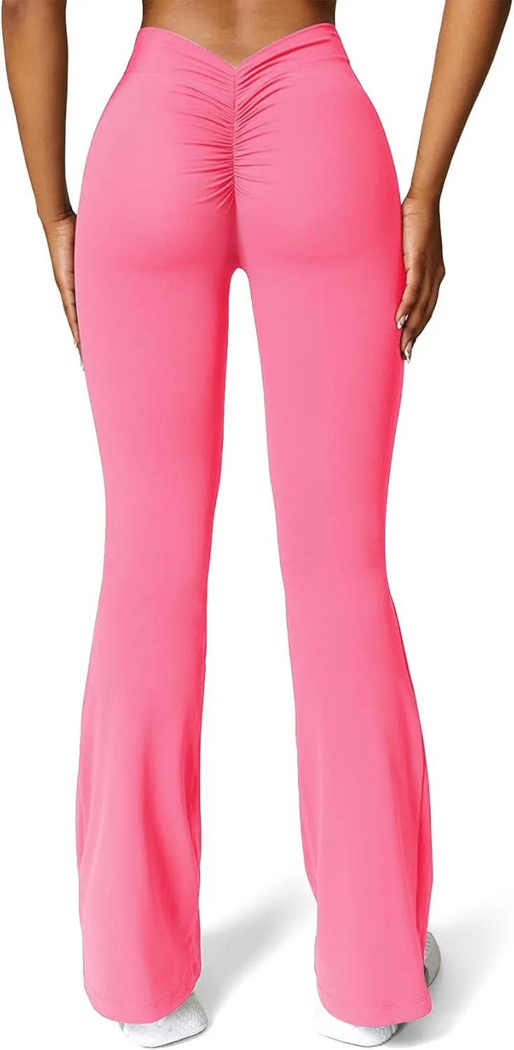 SEASUM V Back Scrunch Butt Flare Leggings for Women Waist Cut Shaped Ruched Bell Bottom Wide Leg Bootcut Yoga Pants