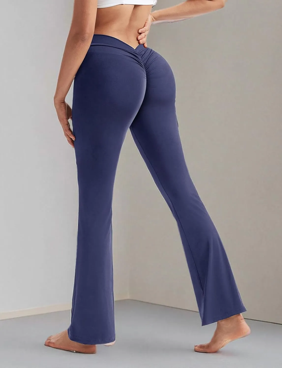 SEASUM V Back Scrunch Butt Flare Leggings for Women Waist Cut Shaped Ruched Bell Bottom Wide Leg Bootcut Yoga Pants