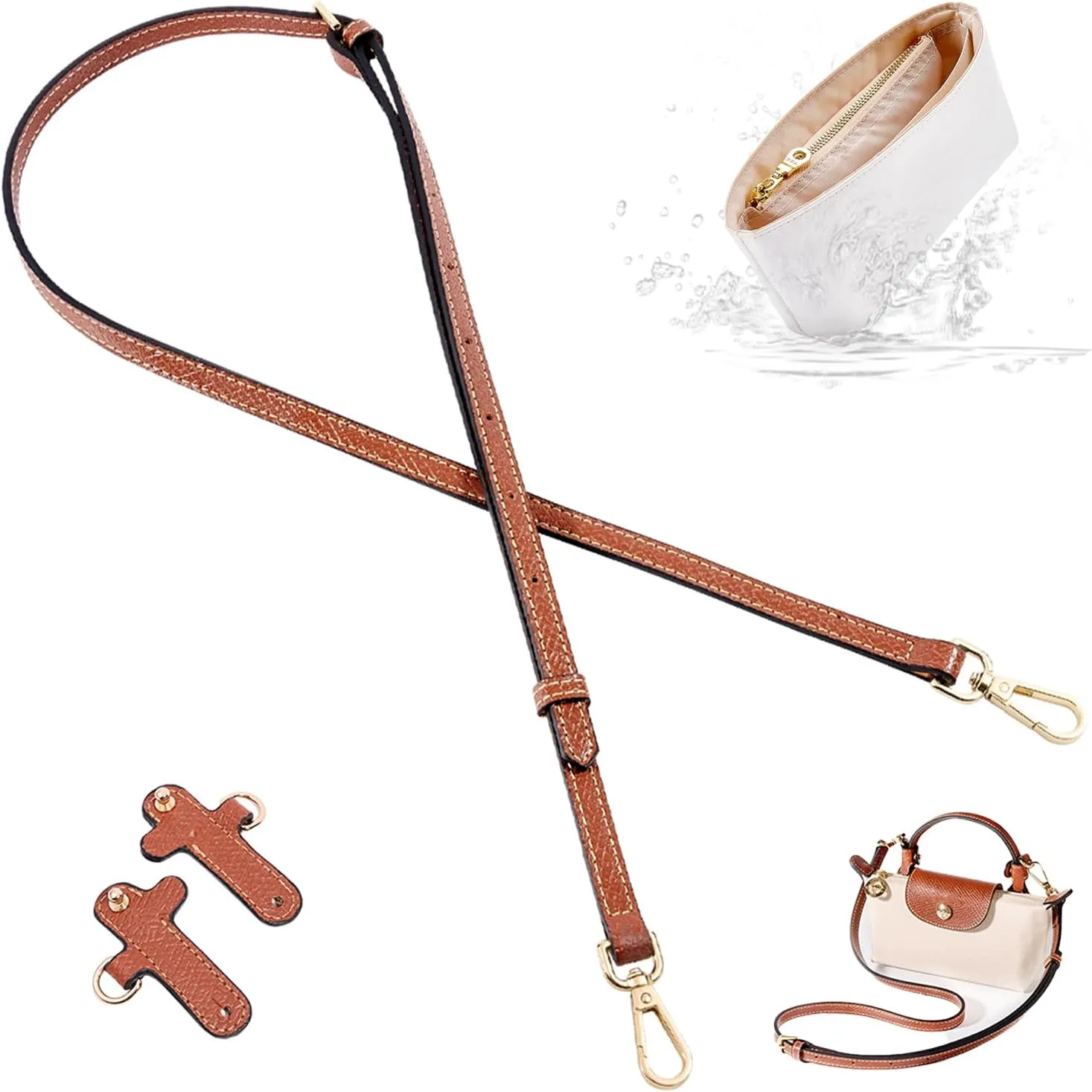 SENTEN 3Sets Mini Bag Strap Kit Compatible with Longchamp, Adjustable Purse Strap with Multi-Pocket Waterproof Bag Organizer Insert