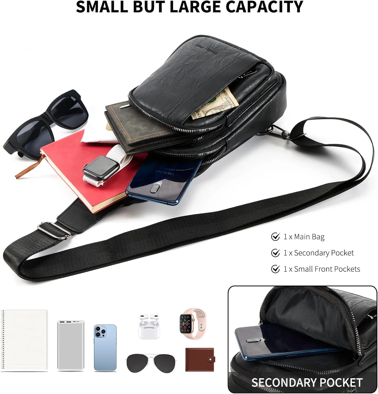 Seoky Rop Sling Backpack for Men Sling Bag Crossbody Shoulder Bags Travel Bag Purse with Water Resistant Black