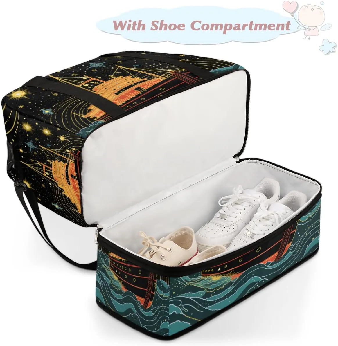 Ship Printed Foldable Duffle Bag with Shoes Compartment Large Capacity Waterproof Travel Weekender Bag Overnight Bag for Sports Gym
