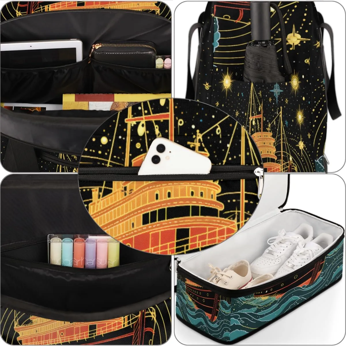 Ship Printed Foldable Duffle Bag with Shoes Compartment Large Capacity Waterproof Travel Weekender Bag Overnight Bag for Sports Gym