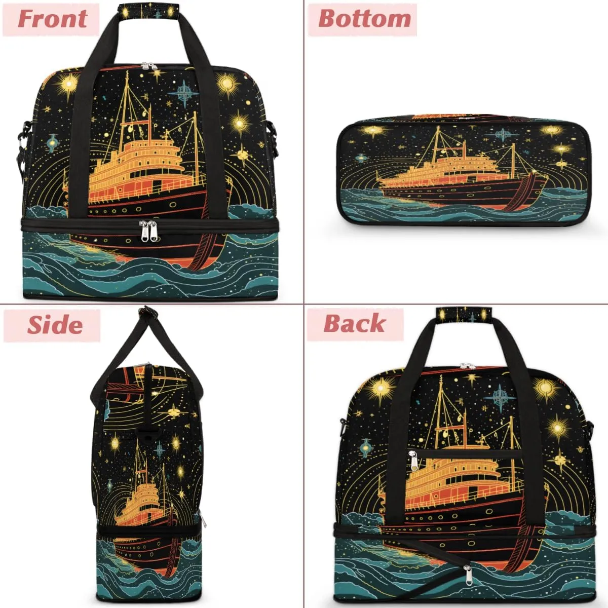 Ship Printed Foldable Duffle Bag with Shoes Compartment Large Capacity Waterproof Travel Weekender Bag Overnight Bag for Sports Gym