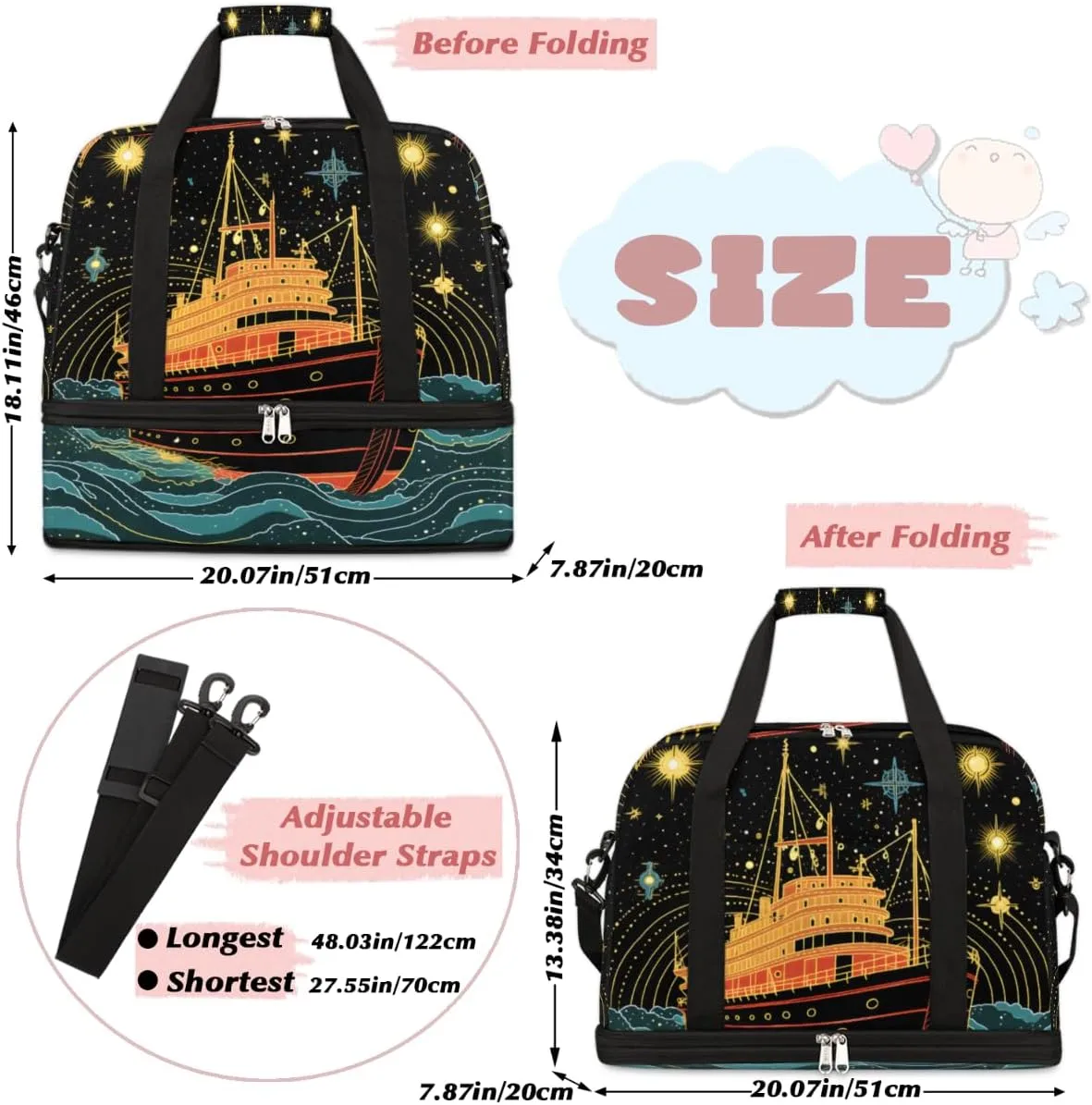 Ship Printed Foldable Duffle Bag with Shoes Compartment Large Capacity Waterproof Travel Weekender Bag Overnight Bag for Sports Gym