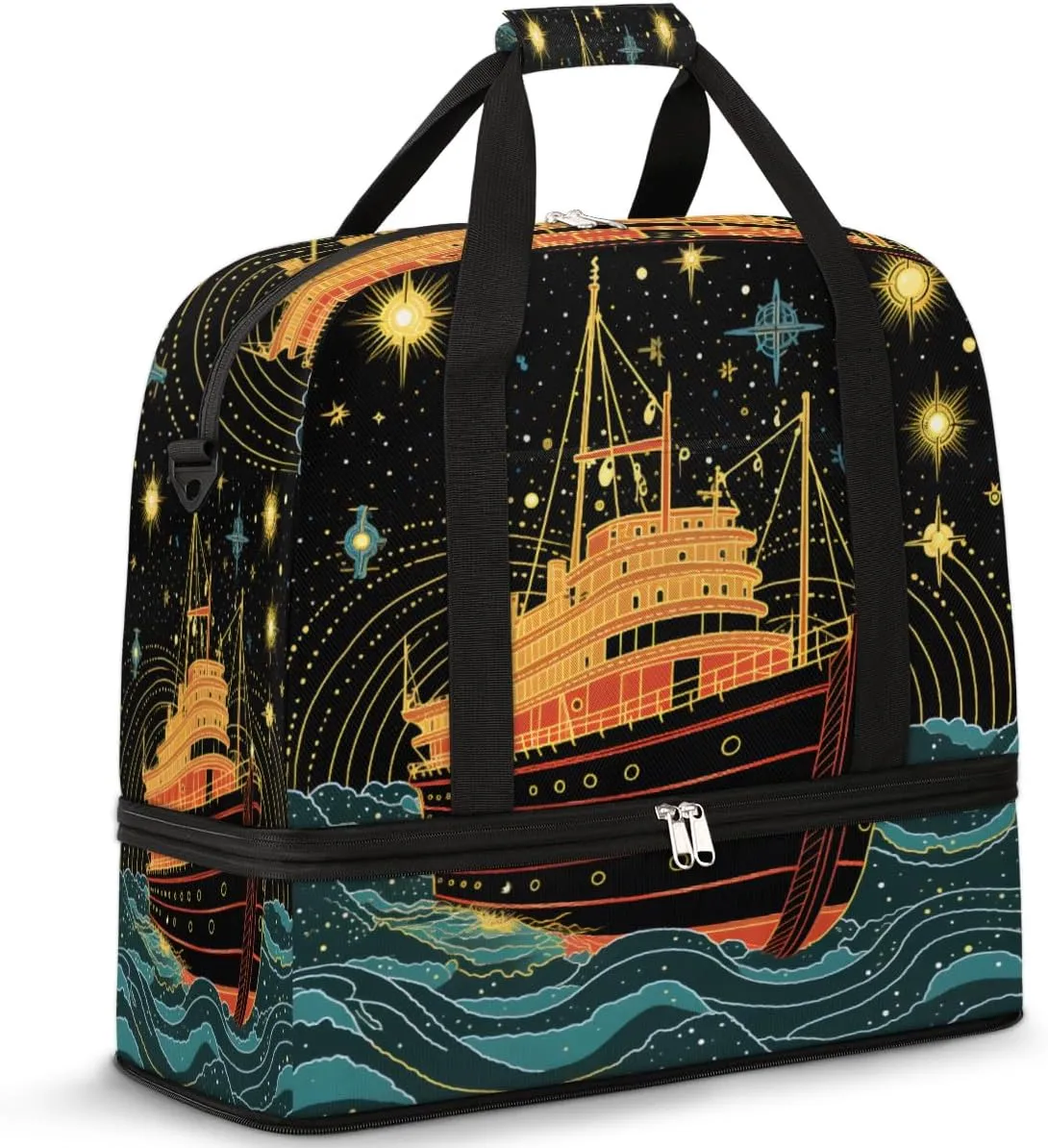 Ship Printed Foldable Duffle Bag with Shoes Compartment Large Capacity Waterproof Travel Weekender Bag Overnight Bag for Sports Gym