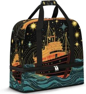 Ship Printed Foldable Duffle Bag with Shoes Compartment Large Capacity Waterproof Travel Weekender Bag Overnight Bag for Sports Gym