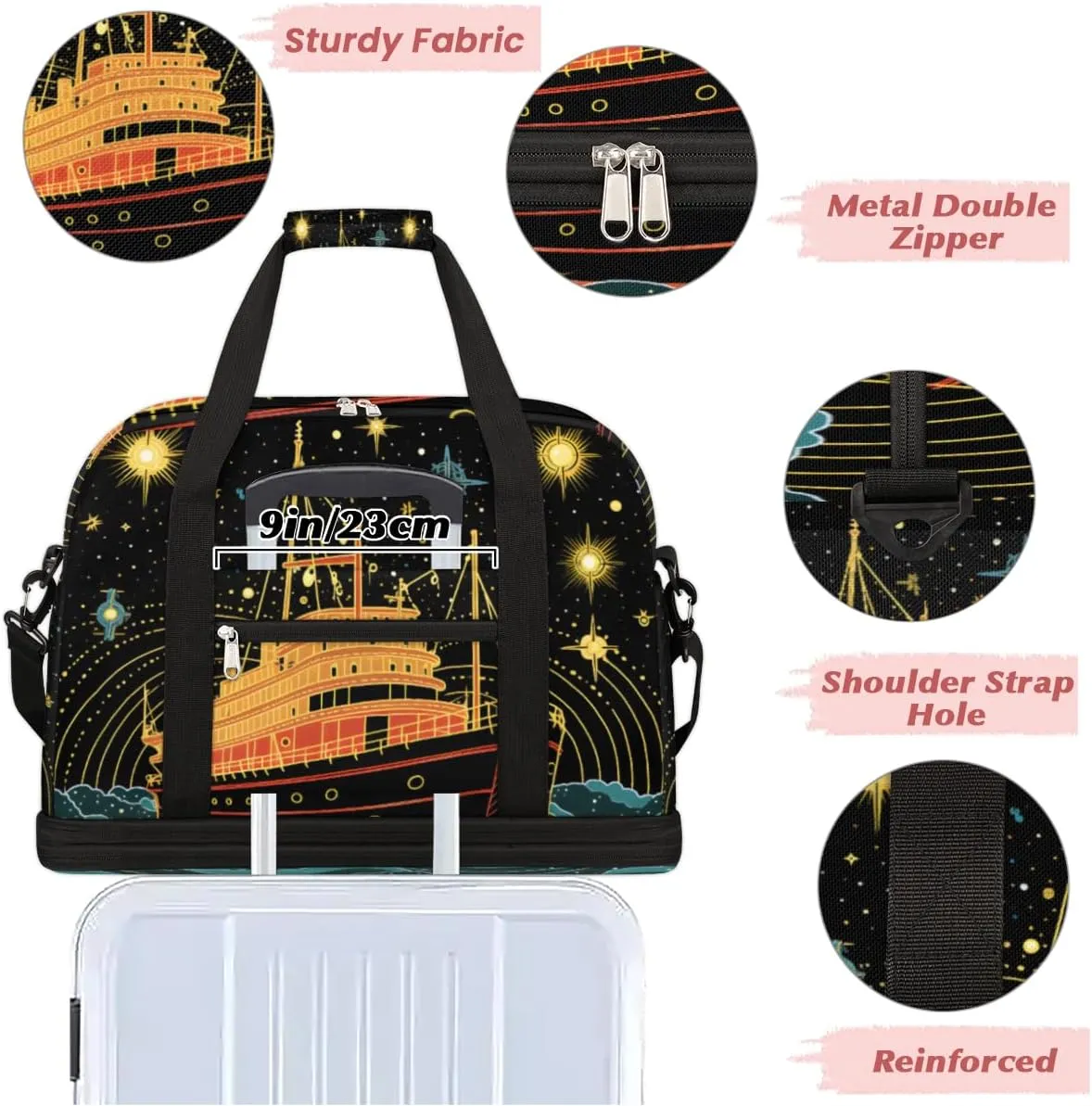 Ship Printed Foldable Duffle Bag with Shoes Compartment Large Capacity Waterproof Travel Weekender Bag Overnight Bag for Sports Gym