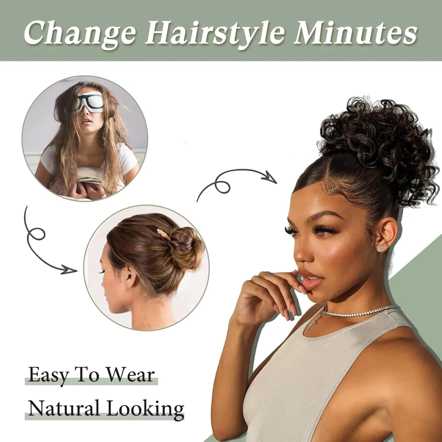 Short Messy Hair Bun Hair Piece Elastic Drawstring Loose Wave Curly Scrunchies Ponytail Extension Clip in on Ponytails Synthetic Hair Accessories Sliver Messy Bun Hair Pieces for Women Updo