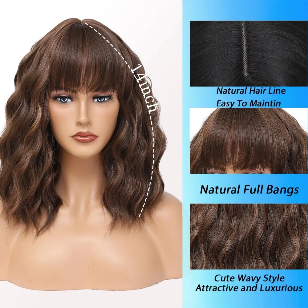 Short Wavy Brown Blonde Wig with Bangs 14inch Highlight Blonde Wigs for Women Short Curly Bob Wigs Synthetic Natural Looking Hair Replacement Wigs Costume Cosplay Halloween Wig(14'' Brown Blonde)