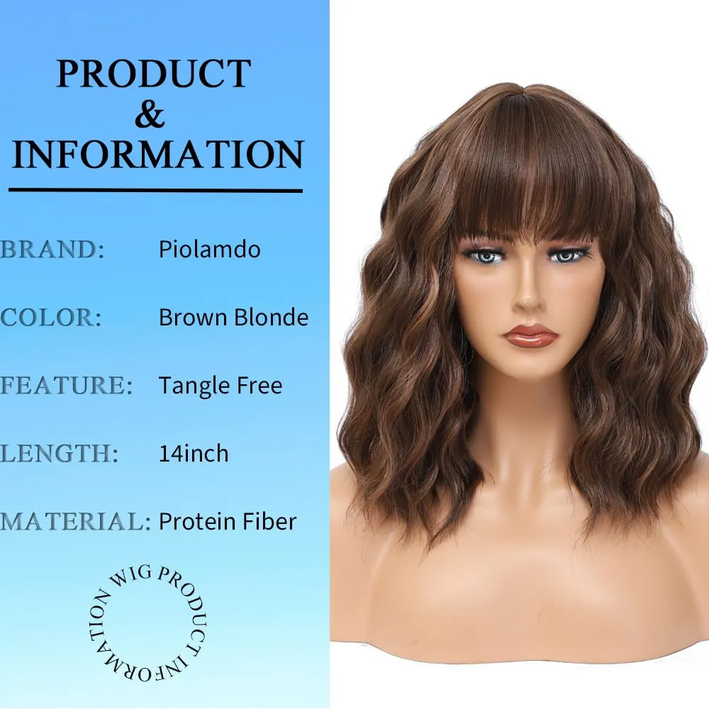 Short Wavy Brown Blonde Wig with Bangs 14inch Highlight Blonde Wigs for Women Short Curly Bob Wigs Synthetic Natural Looking Hair Replacement Wigs Costume Cosplay Halloween Wig(14'' Brown Blonde)