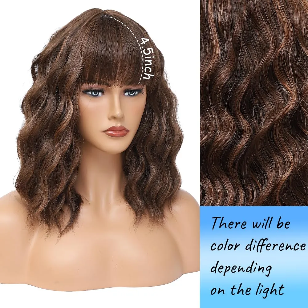 Short Wavy Brown Blonde Wig with Bangs 14inch Highlight Blonde Wigs for Women Short Curly Bob Wigs Synthetic Natural Looking Hair Replacement Wigs Costume Cosplay Halloween Wig(14'' Brown Blonde)