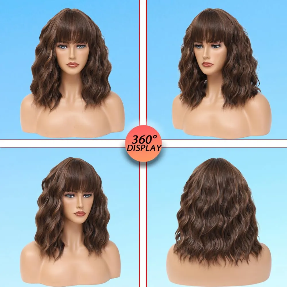 Short Wavy Brown Blonde Wig with Bangs 14inch Highlight Blonde Wigs for Women Short Curly Bob Wigs Synthetic Natural Looking Hair Replacement Wigs Costume Cosplay Halloween Wig(14'' Brown Blonde)