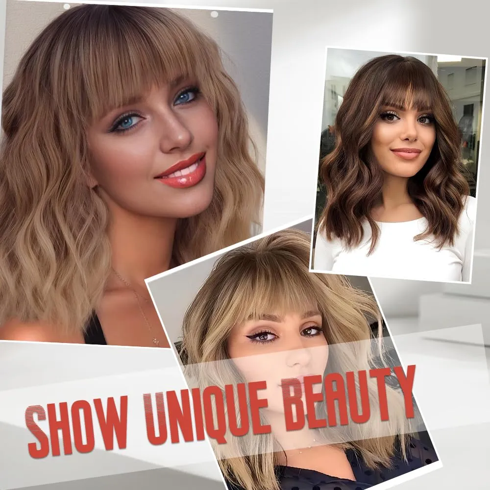 Short Wavy Brown Blonde Wig with Bangs 14inch Highlight Blonde Wigs for Women Short Curly Bob Wigs Synthetic Natural Looking Hair Replacement Wigs Costume Cosplay Halloween Wig(14'' Brown Blonde)
