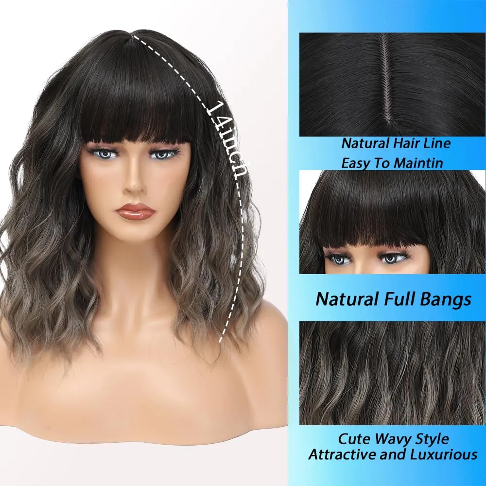 Short Wavy Gray Wig with Bangs 14inch Ombre Grey Highlight Brown Wigs for Women Short Curly Bob Wigs Synthetic Natural Looking Hair Replacement Wigs Costume Cosplay Halloween Wig(14'' Ombre Gray)