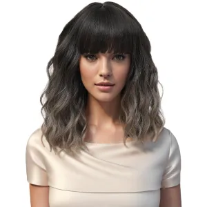 Short Wavy Gray Wig with Bangs 14inch Ombre Grey Highlight Brown Wigs for Women Short Curly Bob Wigs Synthetic Natural Looking Hair Replacement Wigs Costume Cosplay Halloween Wig(14'' Ombre Gray)