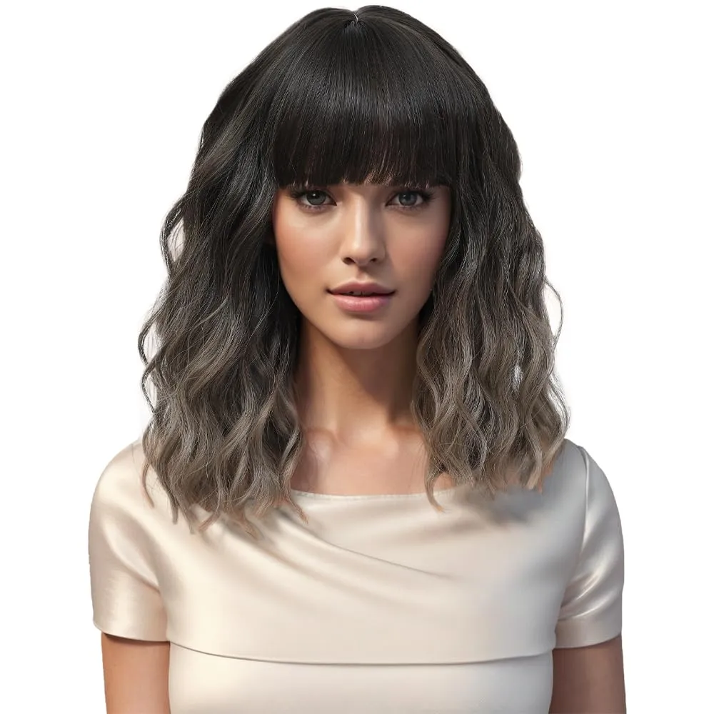 Short Wavy Gray Wig with Bangs 14inch Ombre Grey Highlight Brown Wigs for Women Short Curly Bob Wigs Synthetic Natural Looking Hair Replacement Wigs Costume Cosplay Halloween Wig(14'' Ombre Gray)