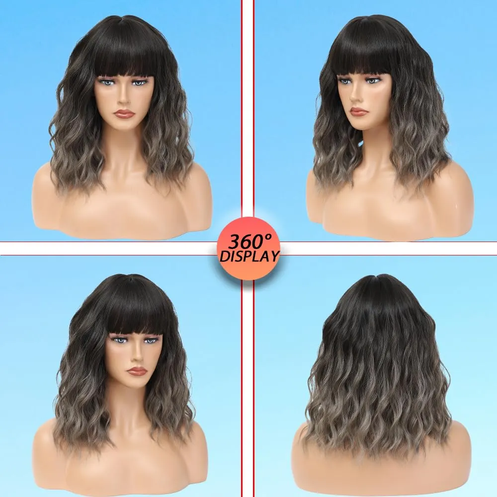 Short Wavy Gray Wig with Bangs 14inch Ombre Grey Highlight Brown Wigs for Women Short Curly Bob Wigs Synthetic Natural Looking Hair Replacement Wigs Costume Cosplay Halloween Wig(14'' Ombre Gray)