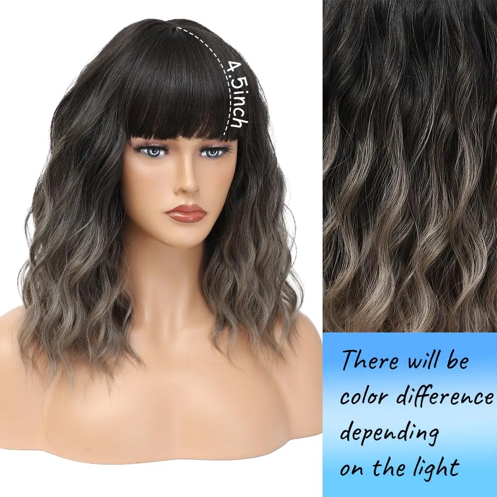 Short Wavy Gray Wig with Bangs 14inch Ombre Grey Highlight Brown Wigs for Women Short Curly Bob Wigs Synthetic Natural Looking Hair Replacement Wigs Costume Cosplay Halloween Wig(14'' Ombre Gray)