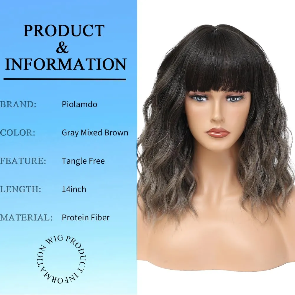 Short Wavy Gray Wig with Bangs 14inch Ombre Grey Highlight Brown Wigs for Women Short Curly Bob Wigs Synthetic Natural Looking Hair Replacement Wigs Costume Cosplay Halloween Wig(14'' Ombre Gray)