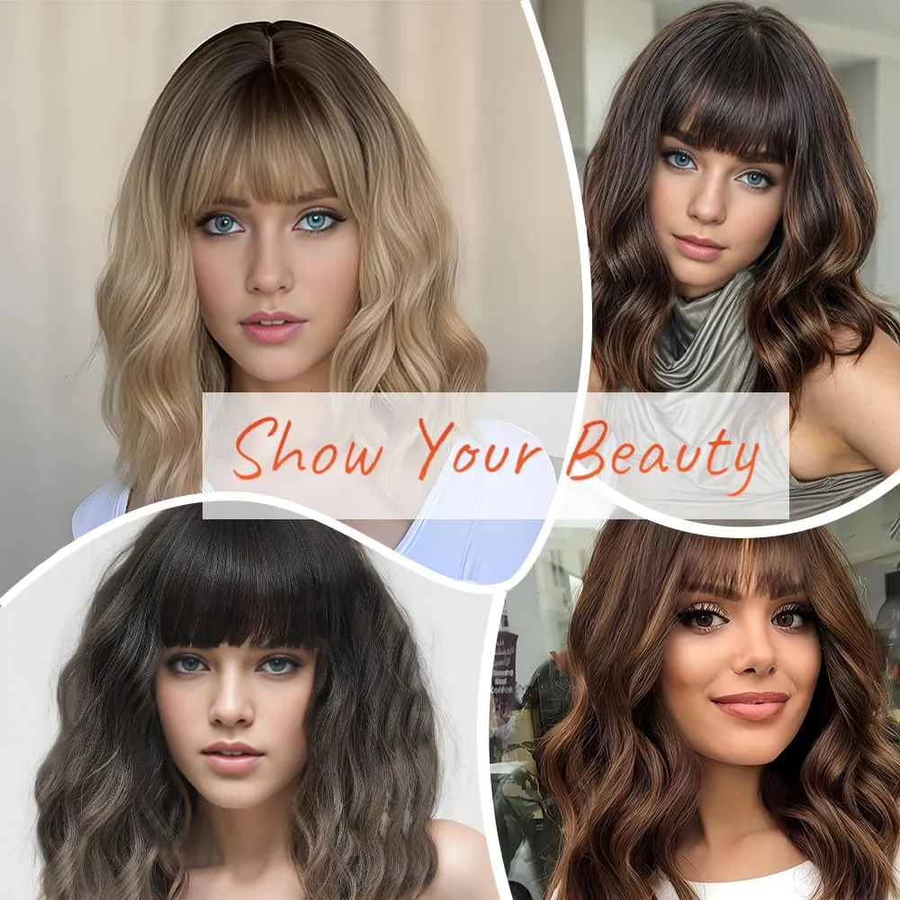 Short Wavy Gray Wig with Bangs 14inch Ombre Grey Highlight Brown Wigs for Women Short Curly Bob Wigs Synthetic Natural Looking Hair Replacement Wigs Costume Cosplay Halloween Wig(14'' Ombre Gray)