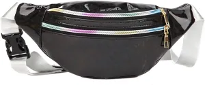 Shoulder Bag Holographic Waist Bag for Women - PU Beach Travel Banana Hip Bum Zip Purse - Stylish Chest Bag for Girls(Black)