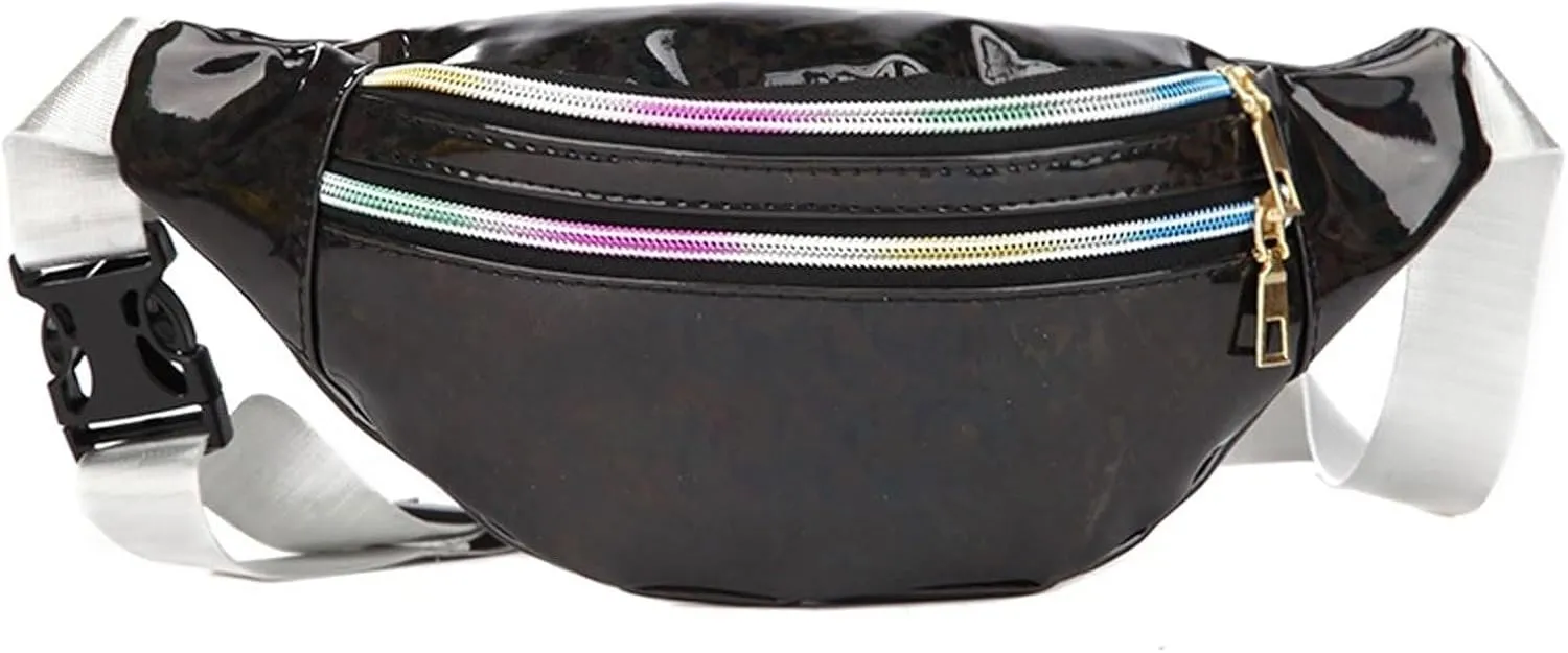 Shoulder Bag Holographic Waist Bag for Women - PU Beach Travel Banana Hip Bum Zip Purse - Stylish Chest Bag for Girls(Black)