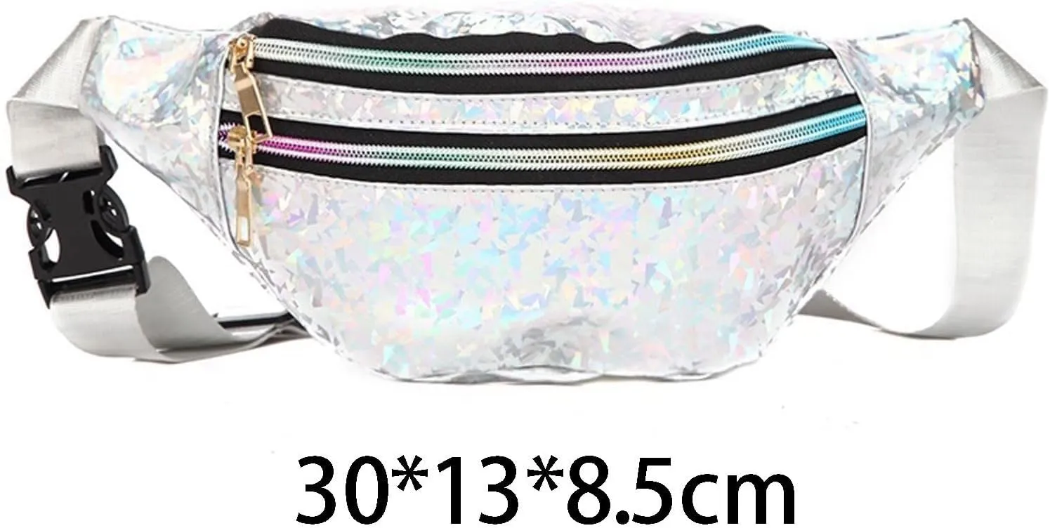 Shoulder Bag Holographic Waist Bag for Women - PU Beach Travel Banana Hip Bum Zip Purse - Stylish Chest Bag for Girls(Black)