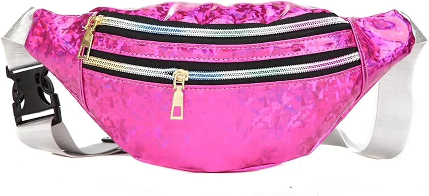 Shoulder Bag Holographic Waist Bag for Women - PU Beach Travel Banana Hip Bum Zip Purse - Stylish Chest Bag for Girls(Red)