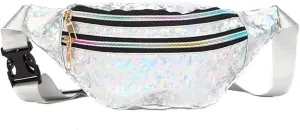 Shoulder Bag Holographic Waist Bag for Women - PU Beach Travel Banana Hip Bum Zip Purse - Stylish Chest Bag for Girls(White)