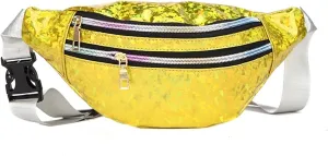 Shoulder Bag Holographic Waist Bag for Women - PU Beach Travel Banana Hip Bum Zip Purse - Stylish Chest Bag for Girls(Yellow)