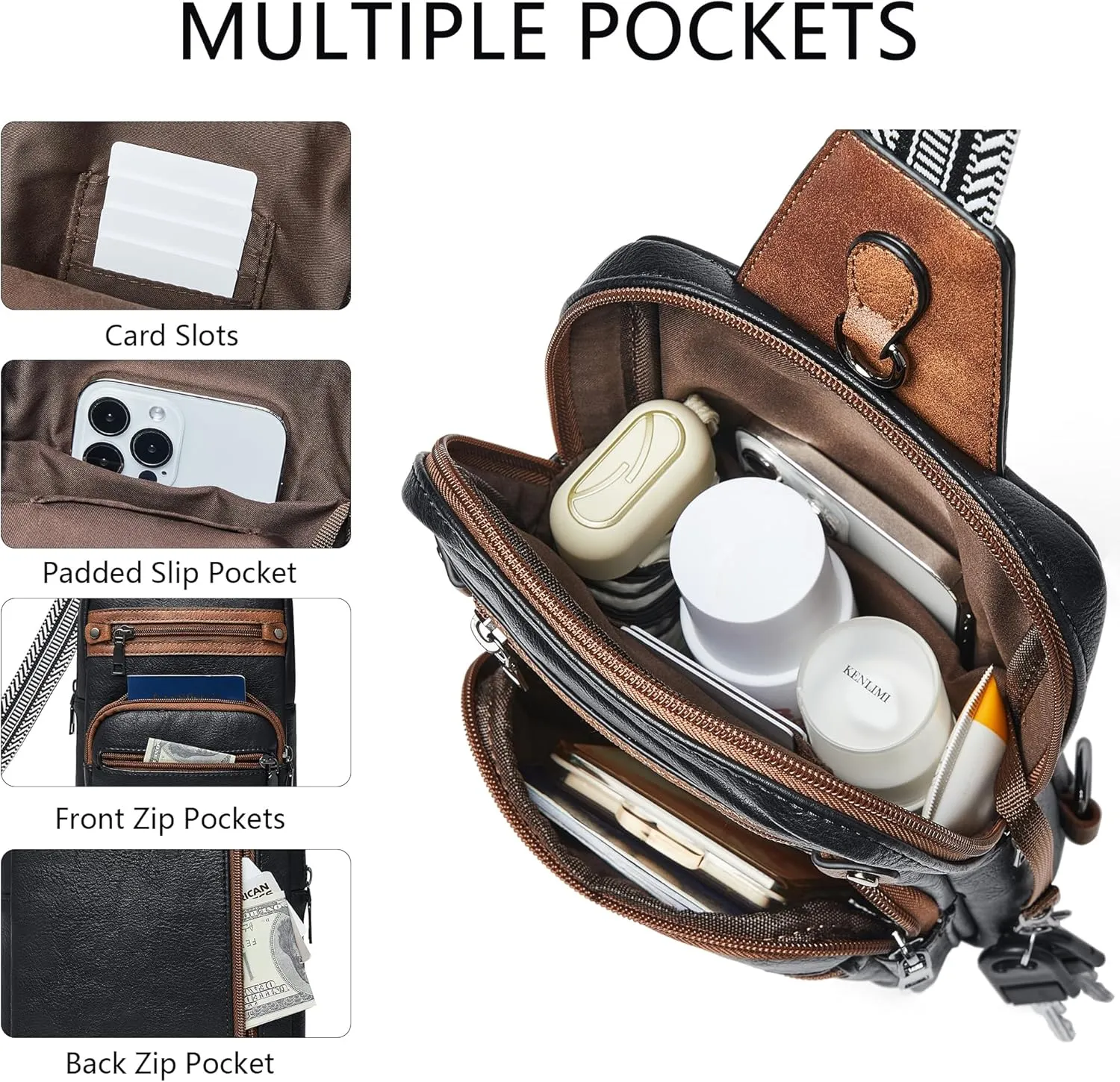 Shrrie Sling Bag For Women Men 5 Pockets Crossbody Bags Faux Leather Cross body Fanny Pack Sling Backpack Daypack for Daily Use Travel