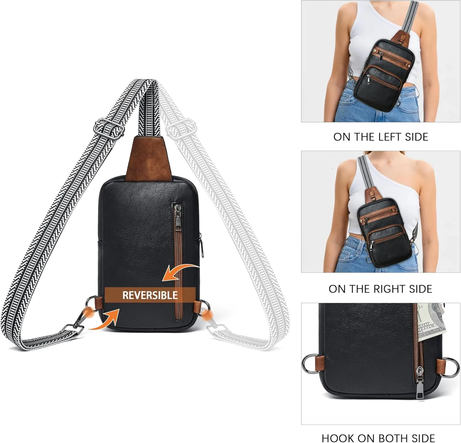 Shrrie Sling Bag For Women Men 5 Pockets Crossbody Bags Faux Leather Cross body Fanny Pack Sling Backpack Daypack for Daily Use Travel