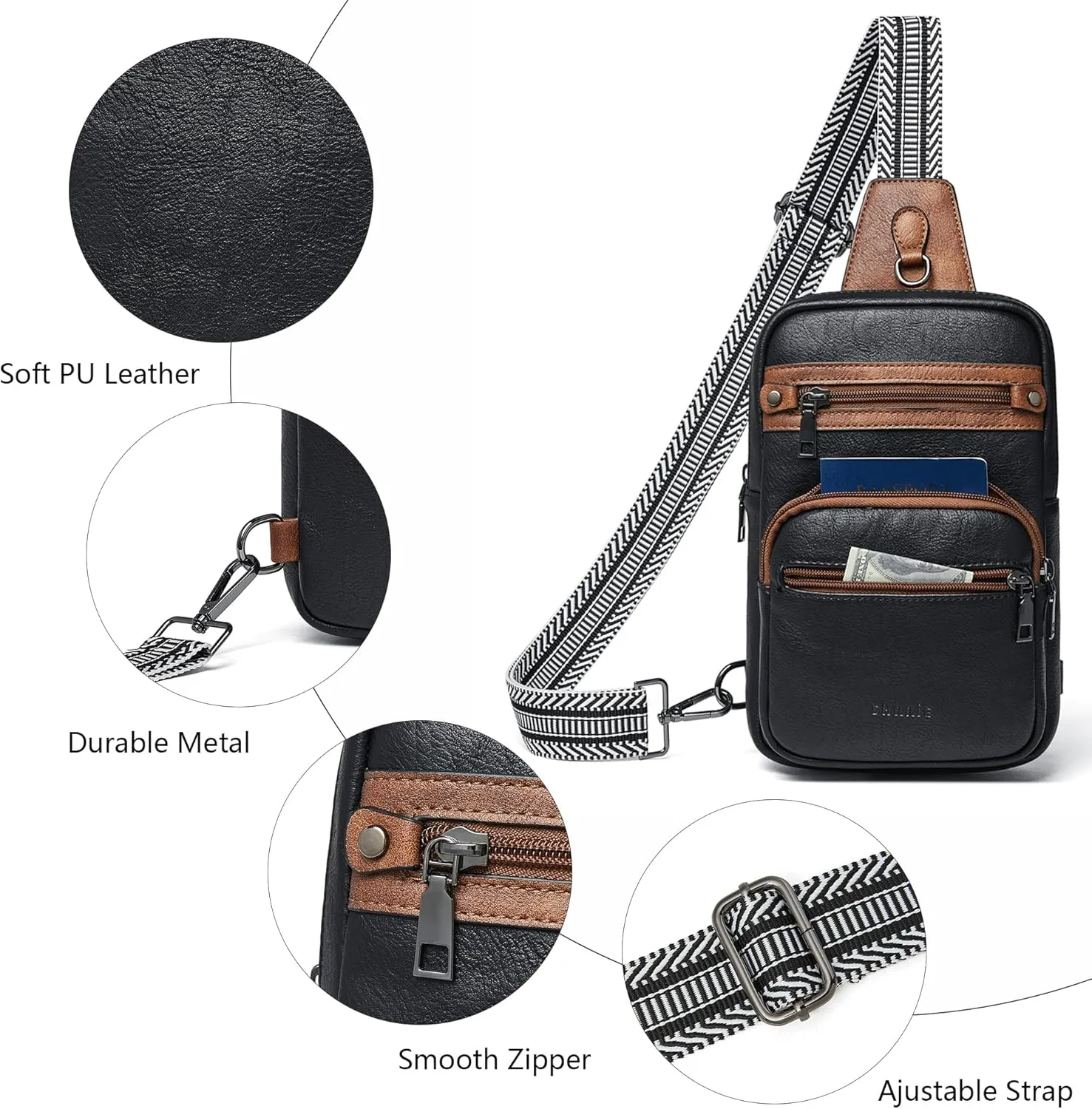 Shrrie Sling Bag For Women Men 5 Pockets Crossbody Bags Faux Leather Cross body Fanny Pack Sling Backpack Daypack for Daily Use Travel