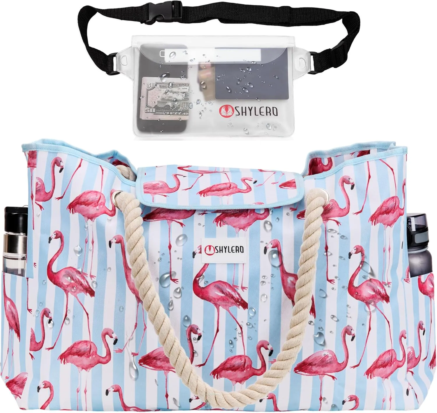 SHYLERO Beach Bag and Pool Bag Has Airtight Pouch, Magnetic Snap Closure. Beach Tote is Water Resistant. Family Size
