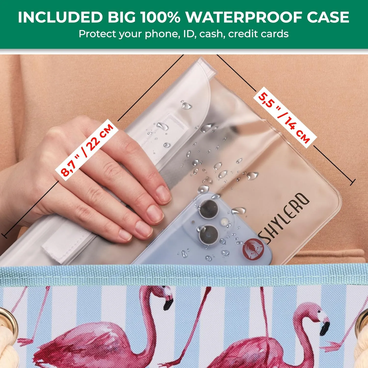 SHYLERO Beach Bag and Pool Bag Has Airtight Pouch, Magnetic Snap Closure. Beach Tote is Water Resistant. Family Size