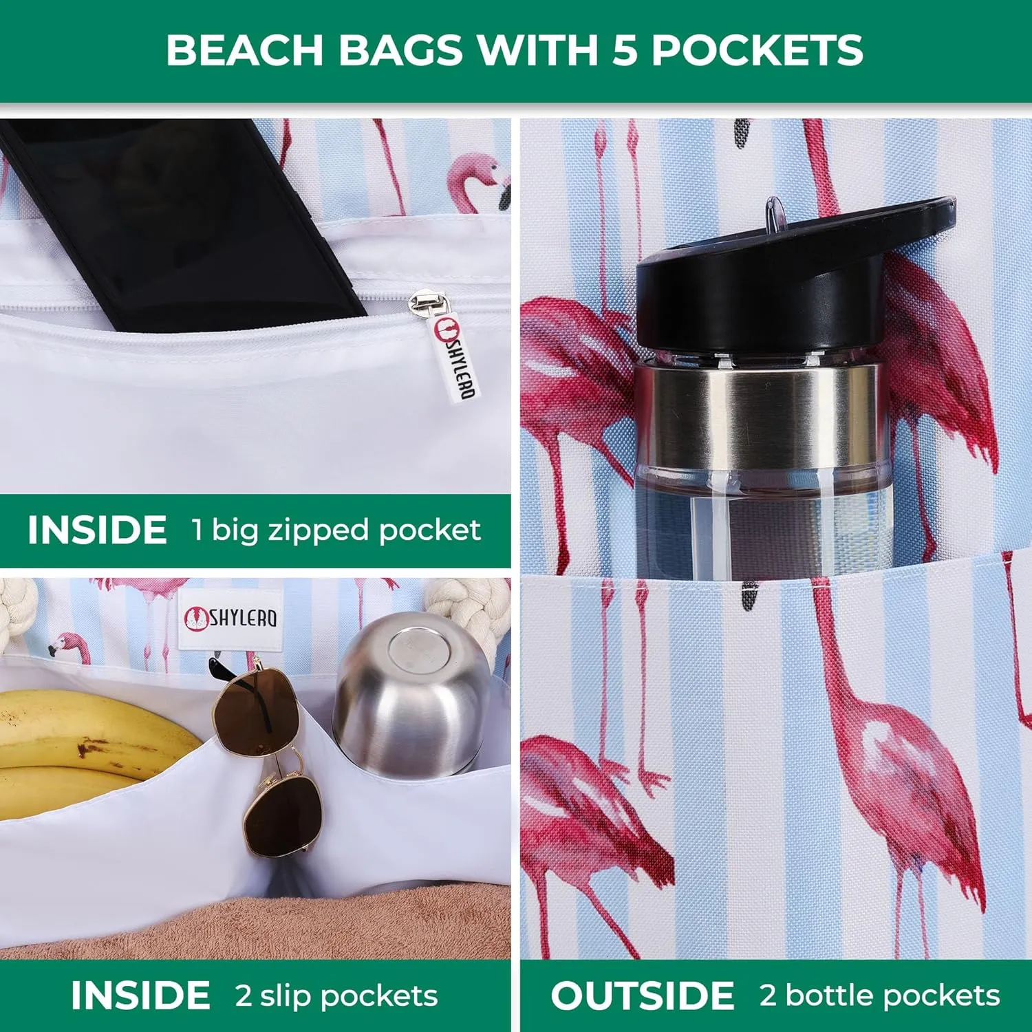 SHYLERO Beach Bag and Pool Bag Has Airtight Pouch, Magnetic Snap Closure. Beach Tote is Water Resistant. Family Size