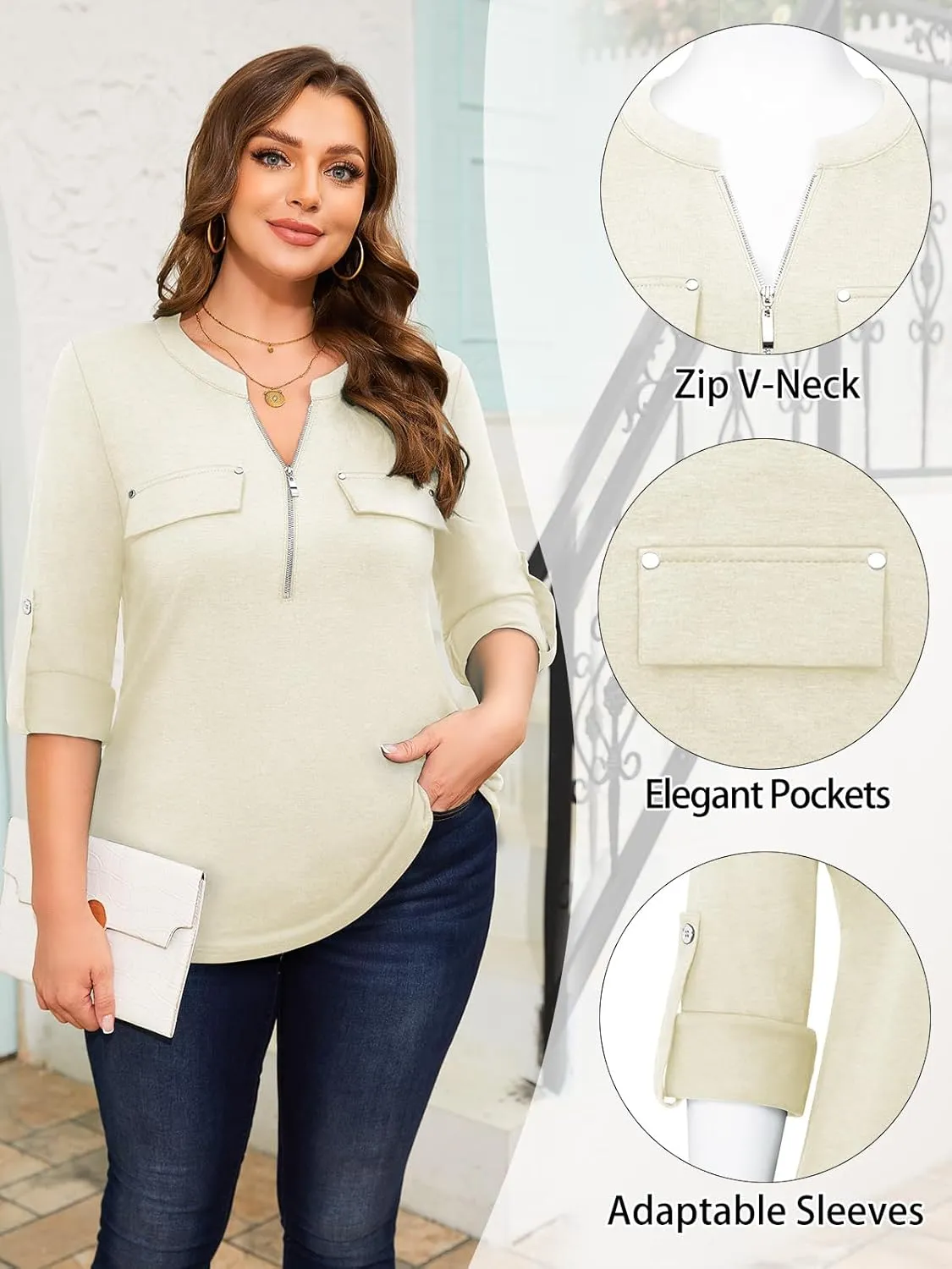 Siddhe Plus Size 3/4 Length Sleeve Womens Tops Zip V-Neck Tunic Tops Business Casual Dressy Blouses 1x-5x