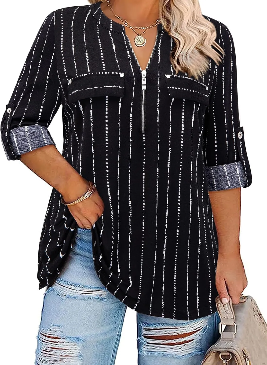 Siddhe Plus Size 3/4 Length Sleeve Womens Tops Zip V-Neck Tunic Tops Business Casual Dressy Blouses 1x-5x
