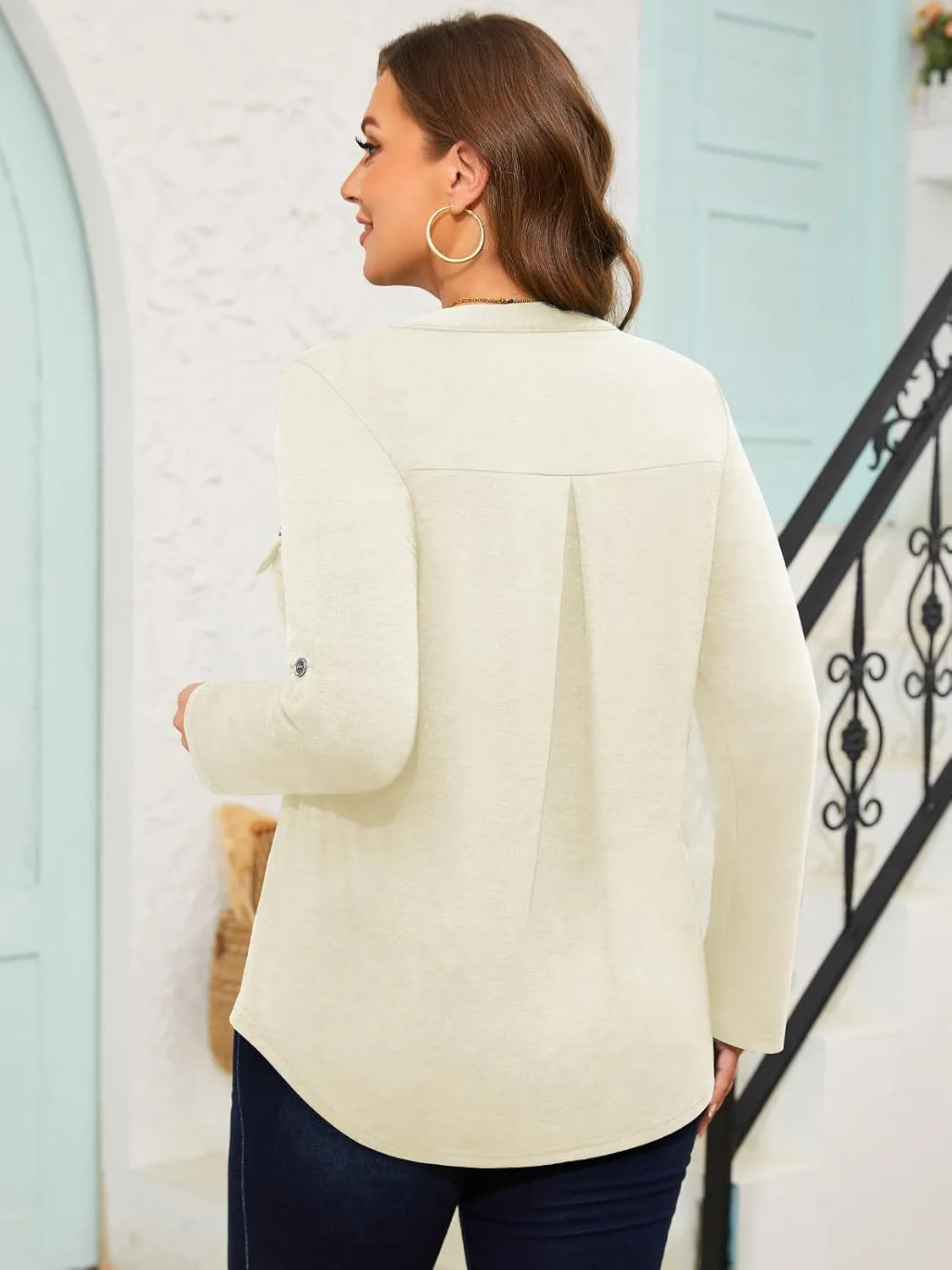 Siddhe Plus Size 3/4 Length Sleeve Womens Tops Zip V-Neck Tunic Tops Business Casual Dressy Blouses 1x-5x