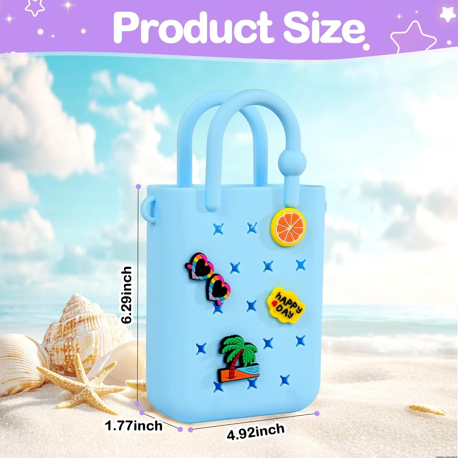 Silicone Small Rubber Beach Bag with 20 Charms, Hole Handbag With Adjustable Shoulder Strap, Mini Tote Bags for Little Girls and Woman