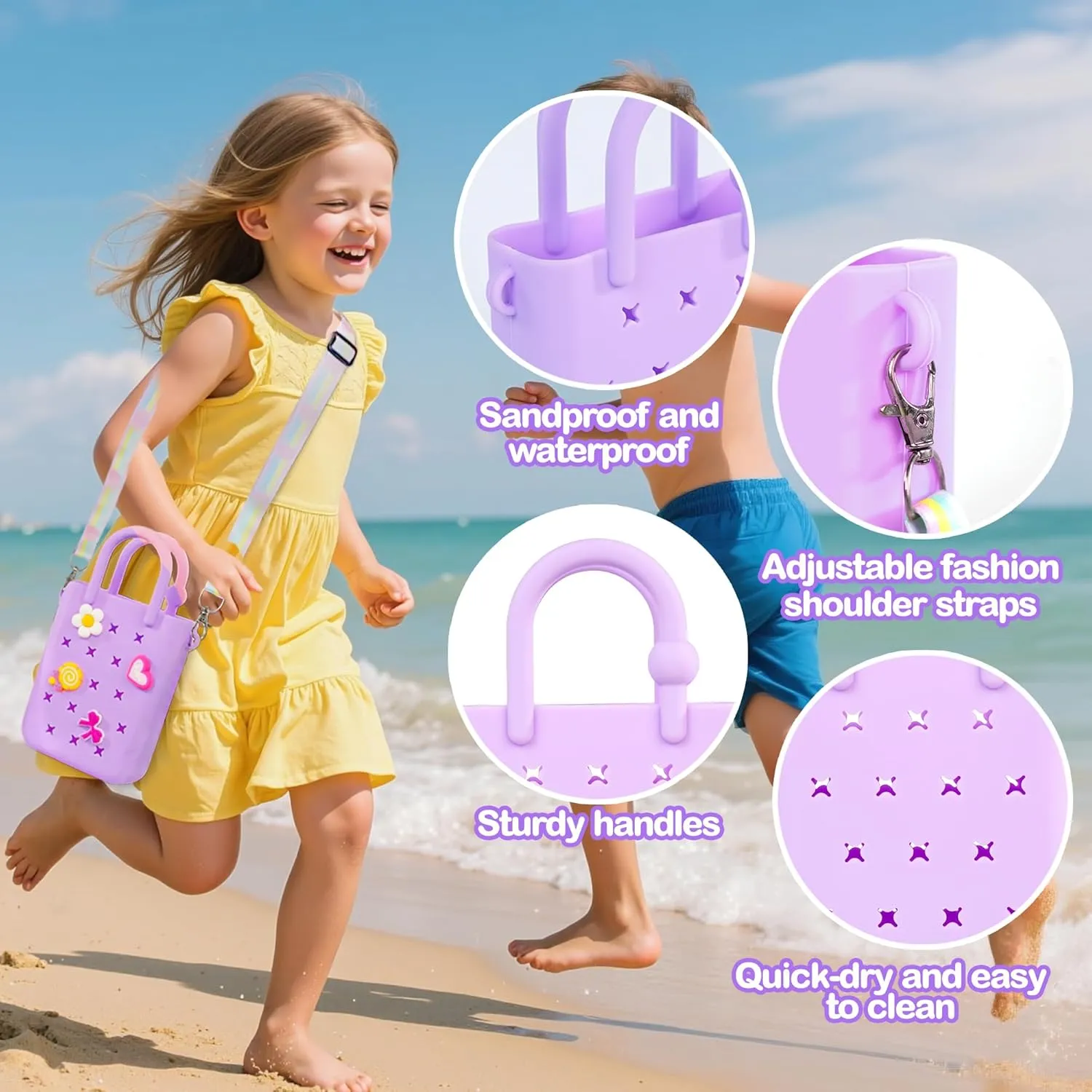 Silicone Small Rubber Beach Bag with 20 Charms, Hole Handbag With Adjustable Shoulder Strap, Mini Tote Bags for Little Girls and Woman