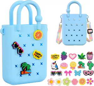 Silicone Small Rubber Beach Bag with 20 Charms, Hole Handbag With Adjustable Shoulder Strap, Mini Tote Bags for Little Girls and Woman