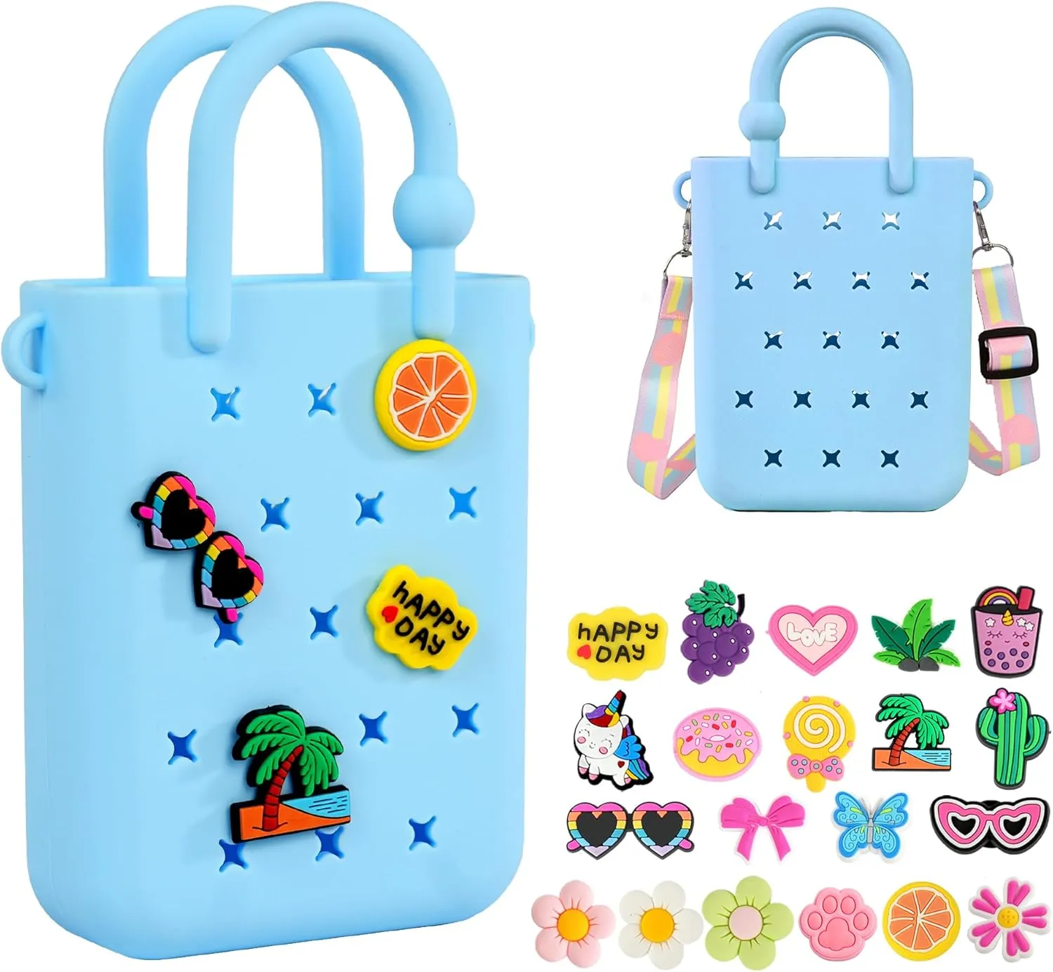 Silicone Small Rubber Beach Bag with 20 Charms, Hole Handbag With Adjustable Shoulder Strap, Mini Tote Bags for Little Girls and Woman