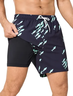 SILKWORLD Mens Swim Trunks with Compression Liner 6 Inch Inseam Quick Dry Beach Shorts Bathing Suit with Zipper Pockets