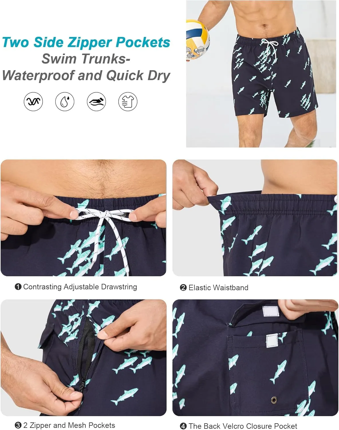 SILKWORLD Mens Swim Trunks with Compression Liner 6 Inch Inseam Quick Dry Beach Shorts Bathing Suit with Zipper Pockets