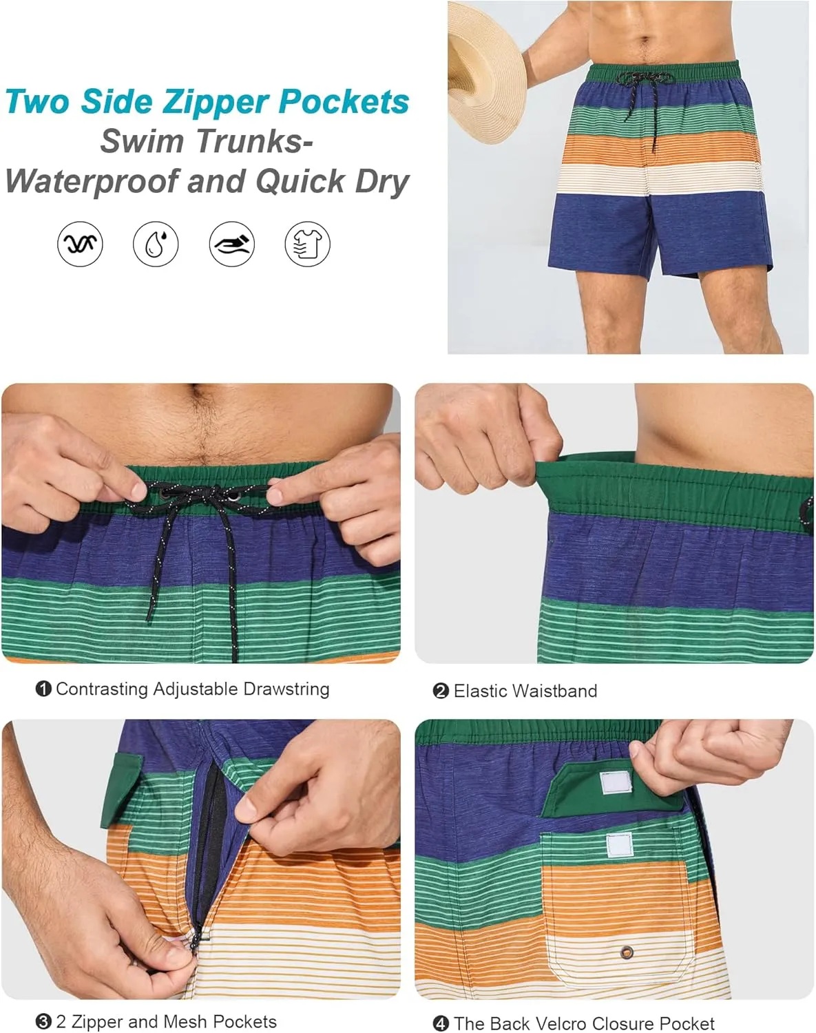 SILKWORLD Mens Swim Trunks with Compression Liner 6 Inch Inseam Quick Dry Beach Shorts Bathing Suit with Zipper Pockets