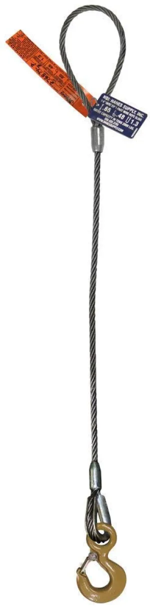 Single Leg Wire Rope Sling | 28 Ton Vertical Rated Capacity | Flemish Eye Loop-to-Eye Hook with Safety Latch | 1-3/4" Dia. | 28' Length | EIPS 6x37 IWRC | Hanes Supply (HSI) Heavy Duty Rigging Cable