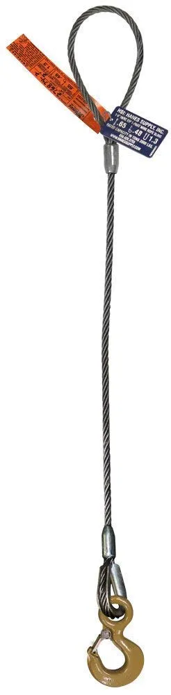 Single Leg Wire Rope Sling | 28 Ton Vertical Rated Capacity | Flemish Eye Loop-to-Eye Hook with Safety Latch | 1-3/4" Dia. | 28' Length | EIPS 6x37 IWRC | Hanes Supply (HSI) Heavy Duty Rigging Cable