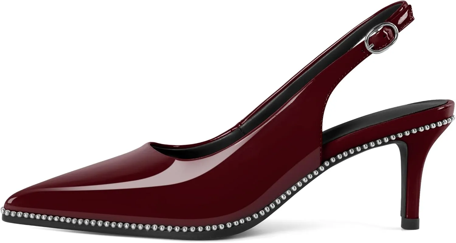 Sling Back Heels Women Sliver Beaded Kitten Pumps Closed Pointy Toe Mid Stiletto Heels Wedding Party Casual Dress Shoes Elegant 2.5 Inch Sandals
