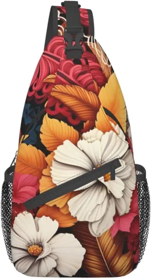Sling Backpack Bag Flowers And Leaves Collage Pattern Print Crossbody Chest Bag Adjustable Shoulder Bag Travel Hiking Daypack Unisex